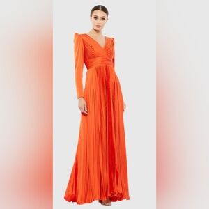IEENA FOR MAC DUGGAL PLEATED LONG SLEEVE V-NECK GOWN 26542 SIZE 0 Orange Dress